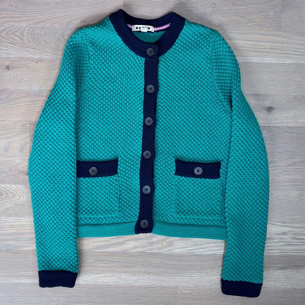 Boden Libby Cotton Knit Jacket Buttoned Cardigan Green Navy Women Size 8 - Picture 2 of 8